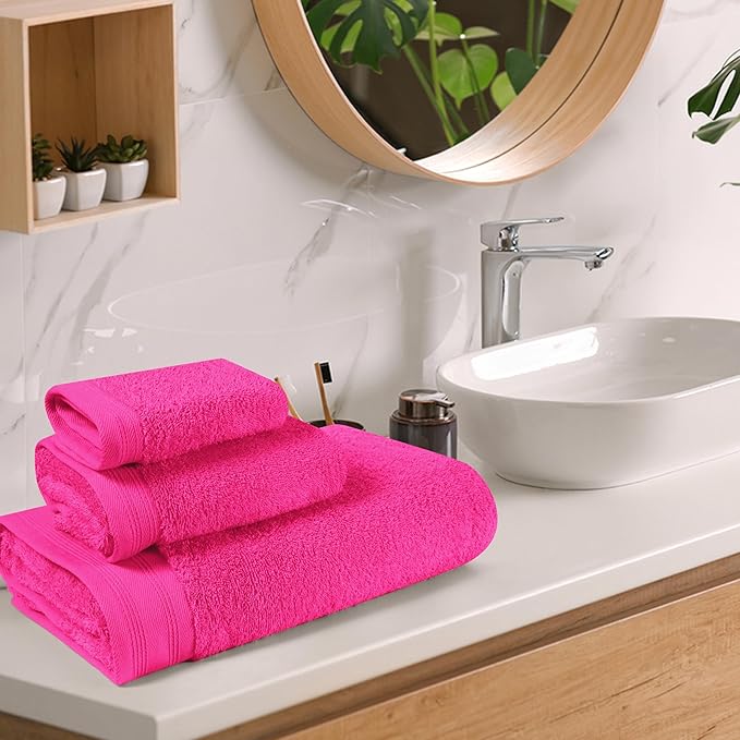Ultra Soft 3 Pack Cotton Towel Set, Contains a Bath Towels 28x55 inch, a Hand Towels 16x24 inch & a Wash Coths 12x12 inch, Ideal Everyday use, Compact & Lightweight - Hot Pink