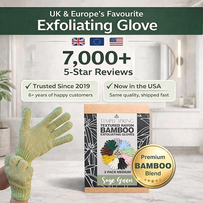 Temple Spring Shower Gloves Exfoliating for Women – Natural Textured Rayon Bamboo Exfoliating Glove with Thicker Weave for Deep Cleansing, Dead Skin Removal & Smooth Radiant Skin (1 Pair, Sage Green)