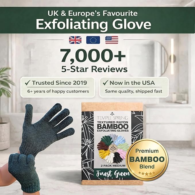 Temple Spring Shower Gloves Exfoliating for Women – Natural Textured Rayon Bamboo Exfoliating Glove with Thicker Weave for Deep Cleansing, Dead Skin Removal & Smooth Radiant Skin (1 Pair,Forest Green)