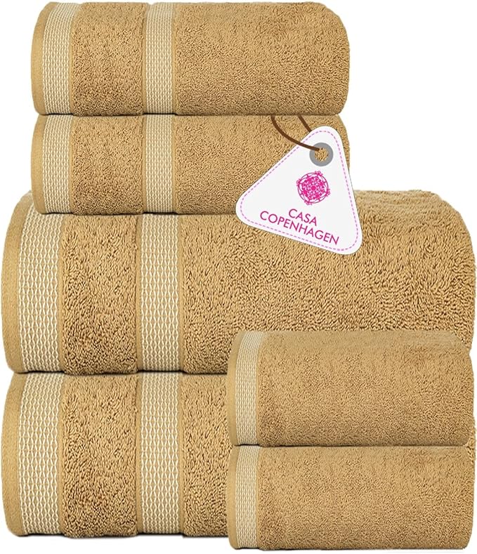 CASA COPENHAGEN Solitaire 6Pcs 100% Egyptian Cotton Large Designer Towels Gift Set- Beige, 600GSM, 2Bath 2Hand 2Washcloths, Bath Towels for Bathroom Set for Women & Men