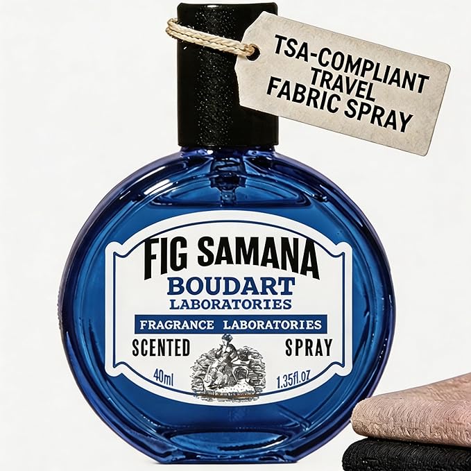 Travel Fabric Refresher Spray – Odor Eliminator & Wrinkle Release, TSA Approved 40ml for Gym Hotel Office Clothes Sofa Curtains, Fig Samana Scent – Boudart Labs