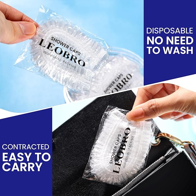 LEOBRO Shower Cap, 80PCS Individually Wrapped Disposable Shower Caps for Women, Plastic Shower Caps Disposable, Plastic Hair Caps, Clear Shower Cap for Travel, Deep Conditioning, Hotel, 17.3 INCH