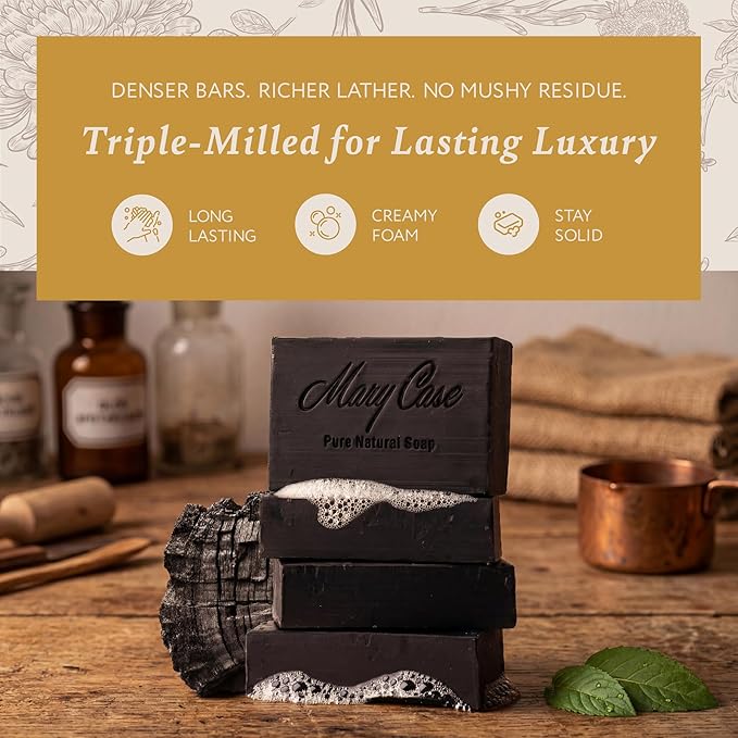 Mary Case Goat Milk & Activated Charcoal Bar Soap Set of 4 | Natural Soap with Olive & Coconut Oils | Deep Cleansing, Detoxifying & Purifying Bath Soap Bars for Sensitive & Oily Skin