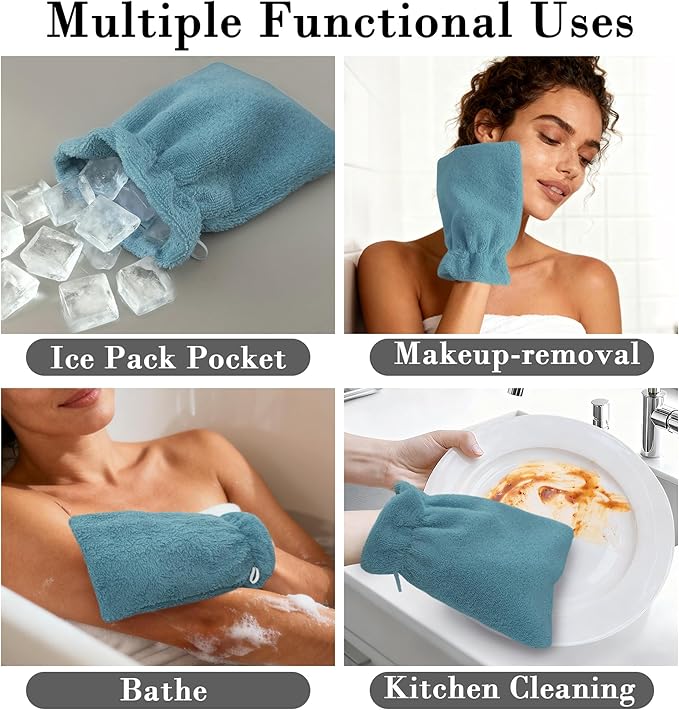 VOOVA & MOVAS 6-Pack Shower Wash Cloth, 100% Cotton Soft Absorbent Bath Mitts with Hanging Loop, 8.3x6.3 Inch European Style Bathing Gloves for Body & Spa, Aqua Blue