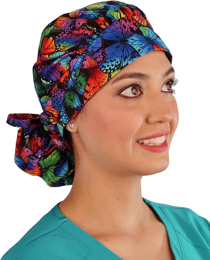 Sparkling EARTH Banded Bouffant Surgical Scrub Ponytail Working Caps and Built-in Sweatband - 100% Cotton - Made in The USA