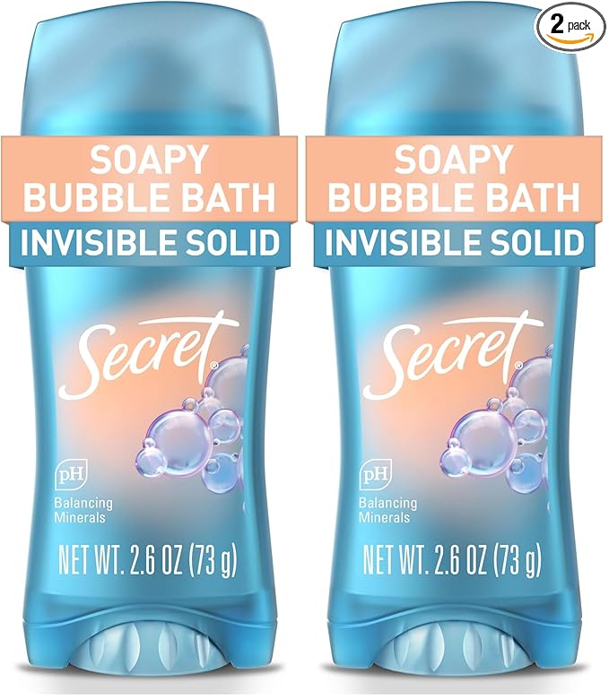 Secret Fresh Antiperspirant Deodorant for Women, 72hr Breathable Sweat & Odor Protection, Instant Freshness & Gentle, PH Balancing Minerals, Invisible Solid, Soapy Bubble Bath Scent,2.6 oz,(Pack of 2)