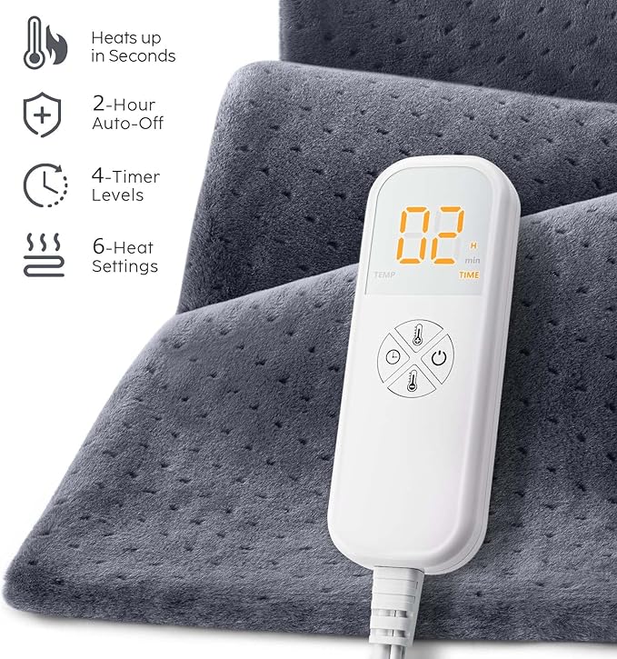 Heating Pad for Back Pain Relief, 33"x17" Electric Heating Pad for Shoulder, Neck, Cramp, Menstrual Pain, Christmas Gifts for Women Men Mom Dad - 6 Heat Settings and Auto-Off, Moist/Dry Heat pad, Gray