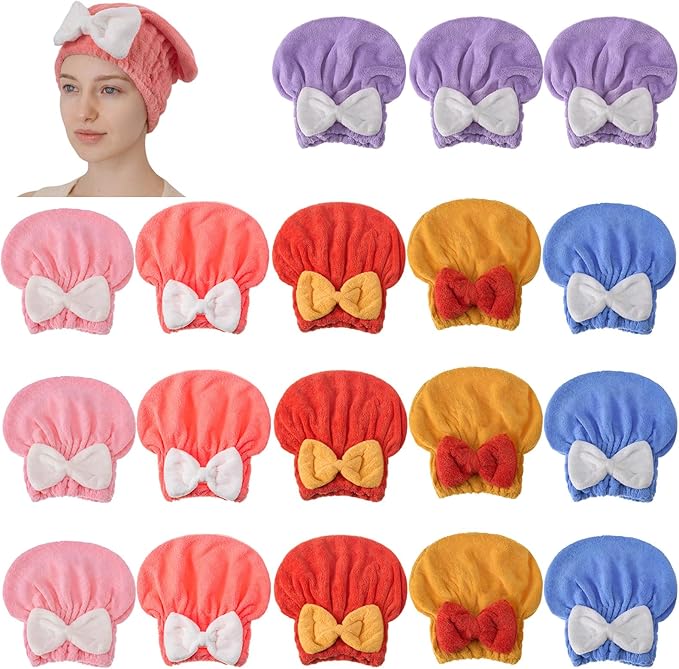 18 Pcs Hair Drying Caps with Cute Bow Fast Drying Soft and Absorbent Wet Hair Towel Wrap Turban Wraps for Girls and Women