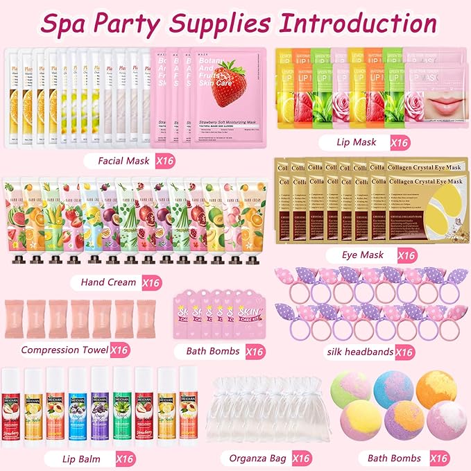 160 PCS Spa Party Supplies for Girls Women, Include Facial Mask, Hand Creams, Lip Balms, Eye Mask, Lip Mask, Foot Bath Bombs, Mothers Day Gift, Sleepover Party Favors Bulk Gifts for Girls Women