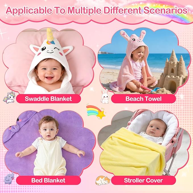 OFUSUY 12 PCS Baby Towels, 4 PCS Soft Hooded Baby Towels & 8 PCS Washcloths, Baby Bath Towels for Newborns, Infants & Toddlers- Coral Fleece, Soft & Ultra Absorbent, Cute Towel Gift for Girls & Boys