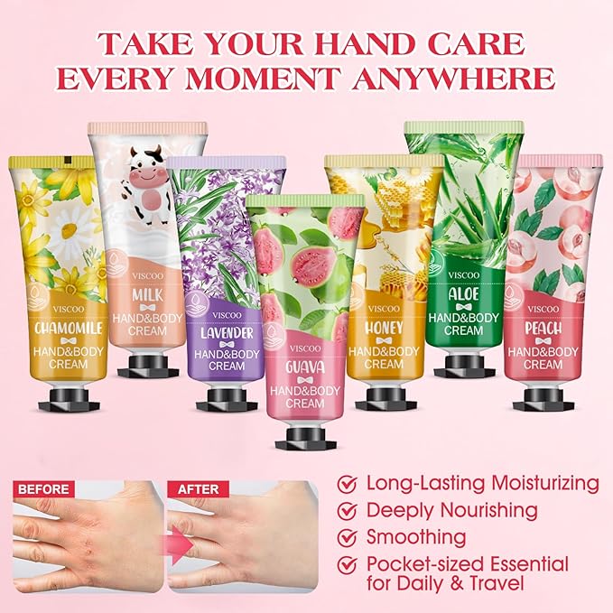 VISCOO 7 Pack Hand Cream Gifts Set for Women, Mothers Day Gifts, Teacher Appreciation Gift, Nurses Week Gift, Bulk Gifts for Women, Moisturizing Mini Hand Lotion Travel Size for Dry Cracked Hands