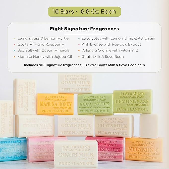 Australian Botanical Soap 16-Bar Set, Goats Milk & Soya Bean 8-Pack + Variety 8-Pack,| 6.6 OZ Triple-Milled Soap Bars with Organic Shea Butter & Sustainable Plant Oils