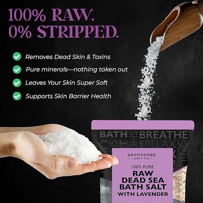 Aromasong Pure Raw Dead Sea Salt for Soaking with 100% Natural Lavender, 5 LB - Spa Bath Salt Fine Grain - Body Wash Scrub - Soak for Women & Men- Bulk Resealable Pack
