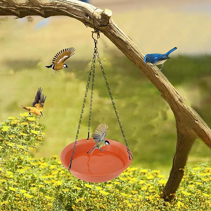 VUWEZ Hanging Bird Bath, Hanging Bird Water Feeder for Outdoors, Feeder Bowl, 1 Pack Birdbath Tray Accessories for Outside, Plastic Birdbaths Tray for Garden Patio Decoration (10", Terra Cotta)