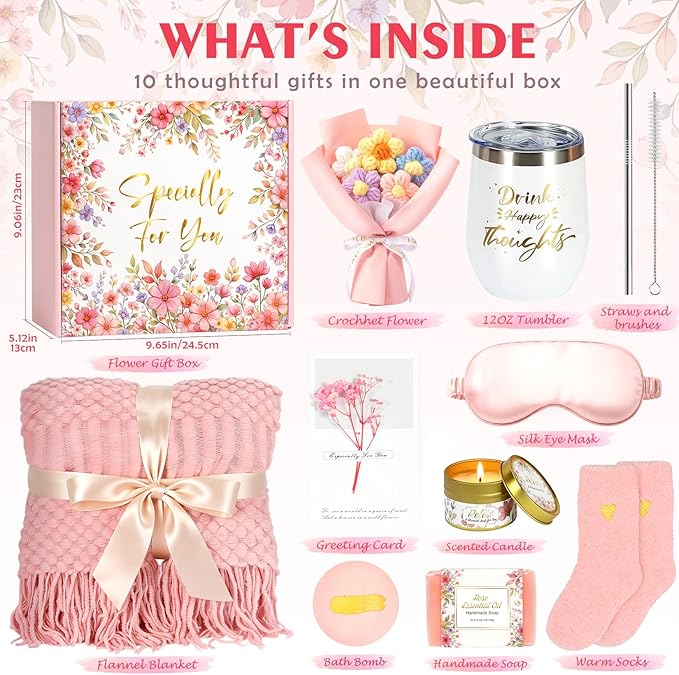 Birthday Gifts for Women,Mothers Day Gifts for Mom,Valentines Day Gift for Her,Self Care Spa Gift Basket with Blanket Candle Bath Bomb,Relaxing Spa Set,Get Well Package,for Mom Wife Sister Best Friend