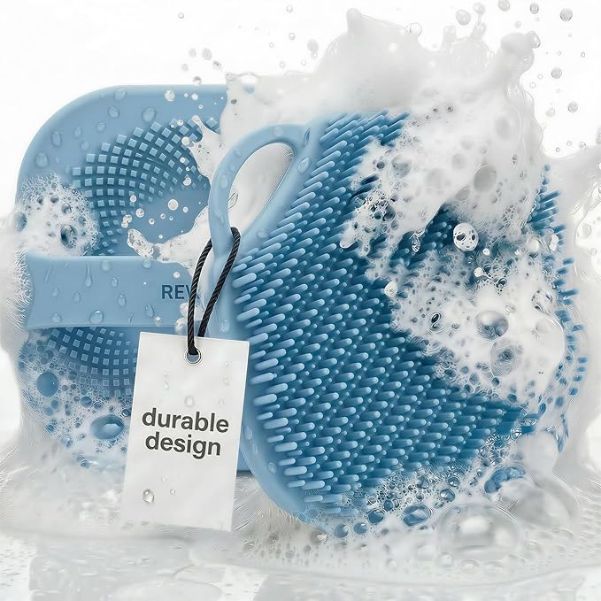 Silicone Body Scrubber for Shower - Exfoliating Body Brush with Non-Slip Grip - Durable Loofah Alternative - Soft Bristles for Gentle Cleansing, High Lather & Quick Drying, Blue