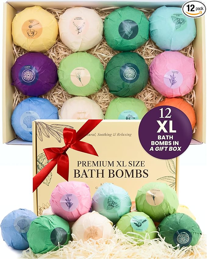 ADELEGOURDAIN Bath Bombs Set XL, Pack of 12 Pcs Gift Set for Women - 5.29oz Bath Bombs for a Soft Skin Feel, Spa Gift Set for Birthday, Girlfriend or Mothers Day, Gift Box Idea for Her, 150 gr Each