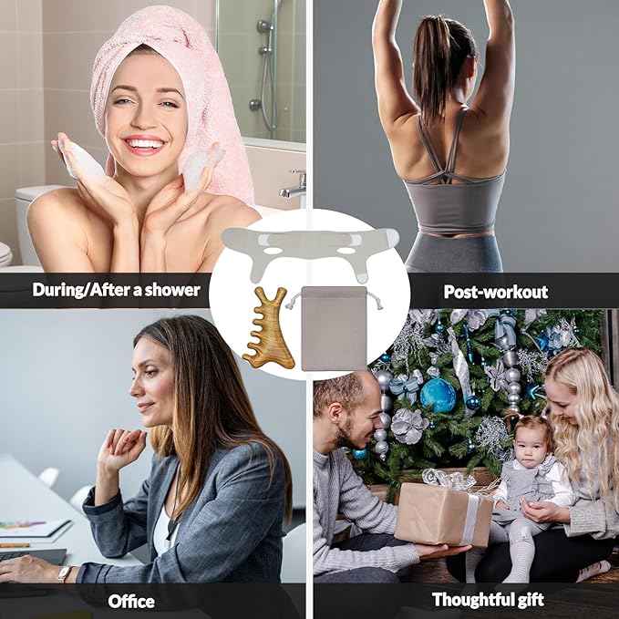 4 in 1 Gua Sha Tool for Face & V Line Lifting Mask, 2Pcs: Natural Green Sandalwood Massage Comb for Body Neck Eye & Green Chin Strap for Sleeping, Scalp Massage, Jaw Lifting, Skin Care Gift for Women