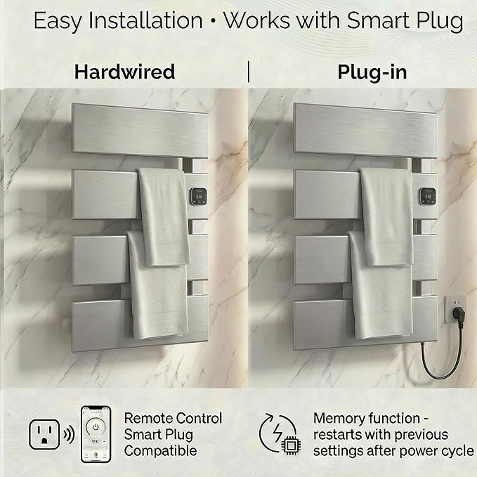 Electric Towel Warmer, Heated Towel Rack with Thermo Control and Timer, Fast Heating Towel Rail for Bathroom with Memroy Function, Work with Smart Plug, Right-Wiring, 4 Panel, Silver