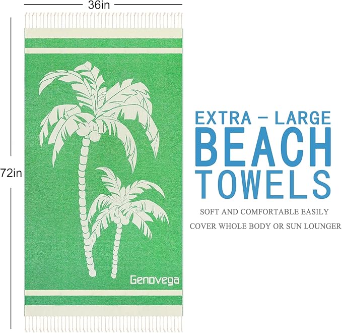 Genovega Oversized Cotton Turkish Beach Towels 72"x36" Lightweight Quick Dry Sandless Pool Swim Towel Large No Sand Compact Blanket Adult Travel Essentials Cruise Accessories Must Haves Coconut Tree