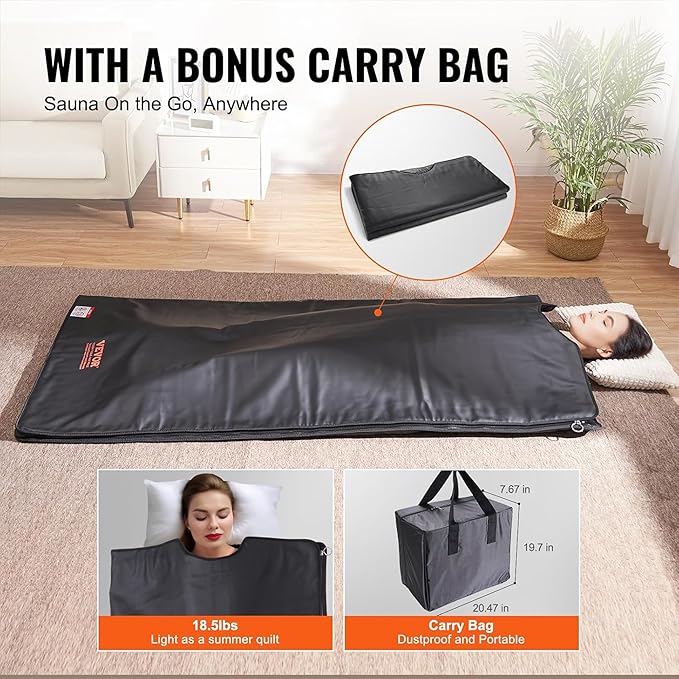 VEVOR Sauna Blanket for Detoxification, Portable Far Infrared Sauna for Home Relaxation, 1-6 Level Adjustable Temprature Rannge 95-185℉, 1-60 Minutes Timer, Far Infrared Carbon Heating Sauna Bag