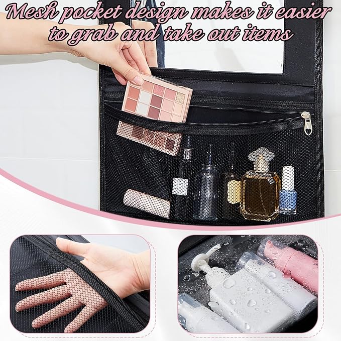 Travel Hanging Toiletry Bag with Mirror Leather Travel Hanging Mirror Foldable Dance Competition Makeup Bag Backstage Cosmetic Organizer for Traveling Dancers Spa(Classic,Pink)