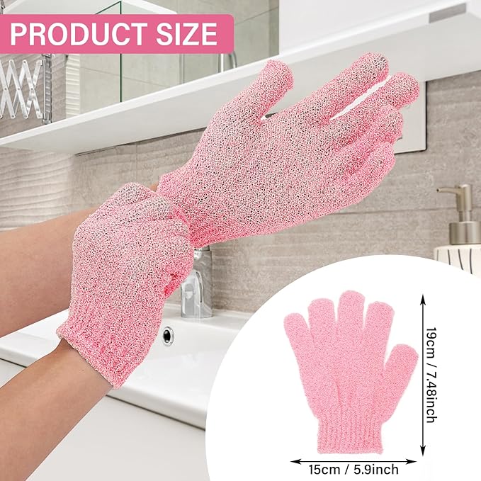 Sibba 2Pcs Exfoliating Wash Gloves Dual Texture Bath Gloves for Shower Body Scrub Exfoliating Mitt Dead Skin Remover Exfoliator Mitten Natural Body Loofah Washcloth (2pcs Pink)