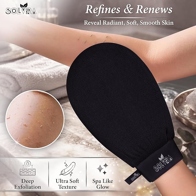Exfoliating glove for Shower & Exfoliating body scrubber – 100% Vegan Viscose Kessa Mitt for Dead Skin Removal, Self-Tan Fade & Keratosis Pilaris –Dual-Texture Glove for Spa & Massage (1 Pack BlacK)