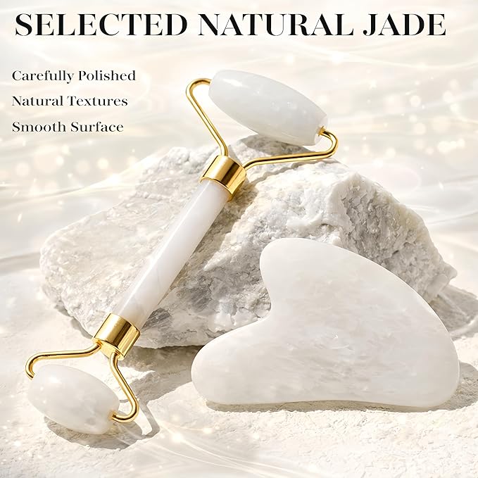 Lymphatic Contour Face Brush & Natural Jade Roller Set - Premium Xiuyu Jade Gua Sha Tool with Facial Massage Roller - Complete Skin Care Kit for Jawline Sculpting, Puffiness Relief