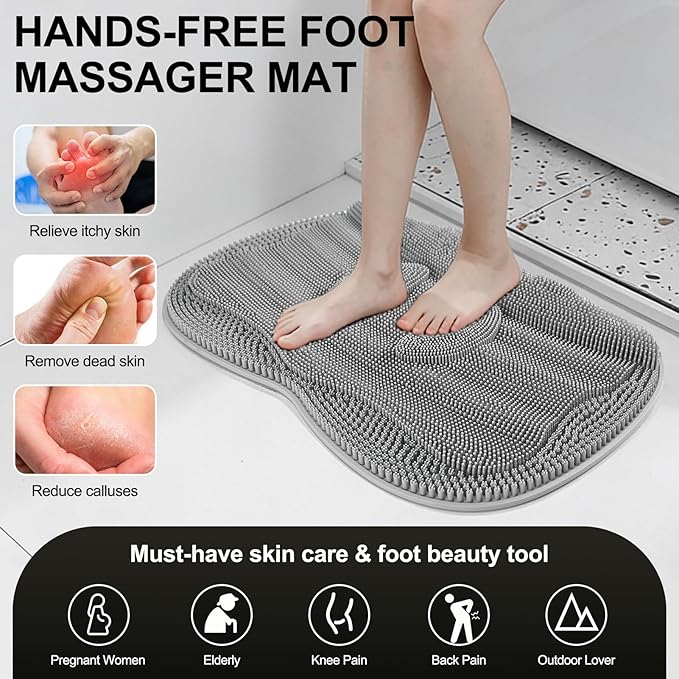 Bath Shower Foot Scrubber Mat - Silicone Shower Foot Scrubber Mat (XL) Cleaner Foot Toes Clean Pad Without Bending Non-Slip Suction Cups Bathroom mat 17.2 * 13 inch - Grey