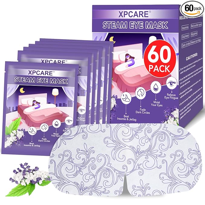 XPCARE 60 Pack Steam Eye Masks for Dry Eyes, SPA Warm Sleep Eye Mask, Disposable Heated Eye Mask for Dark Circles, Puffy Eyes, Relief Stress Eye Fatigue(Lavender)