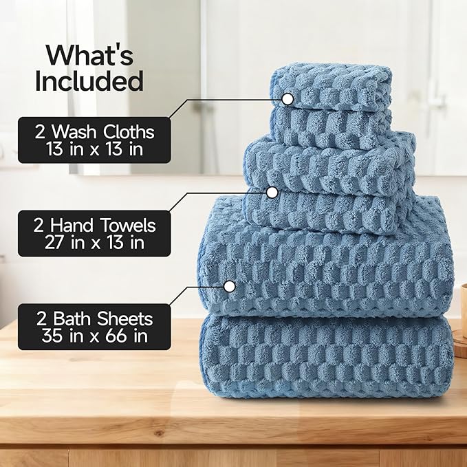 REDKISS Blue Microfiber Towels Set of 6-35x70 Inches Oversized Bath Sheets, Extra Large Bath Towels Set of 6, Super Soft Quick Dry Lint Free Absorbent Waffle Microfiber Shower Towels