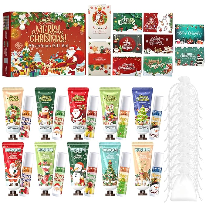 JAOJAO Christmas Lip Balm Bulk, Christmas Hand Cream with Organza Bag and Thank You Card Gentle Nourishing Xmas Gifts for Women Girlfriend Wife Mother Colleague Teacher, Set of 40