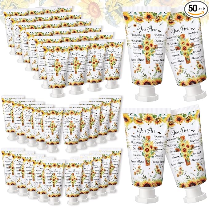 50 Pack Christian Hand Lotion Bulk Gifts for Women Mother's Day Gifts Bible Mini Travel Hand Lotion for Women Church Appreciation(Sunflower)
