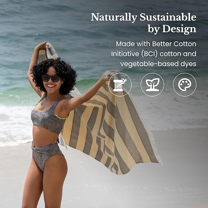 Lightweight Turkish Beach Towel - 100% BCI Cotton, Unbleached Raw Fringe, Oeko-TEX Certified, Absorbent, Eco-Friendly, 36x66”, Black & Natural Stripes, Portable Sarong Blanket for Pool, Travel