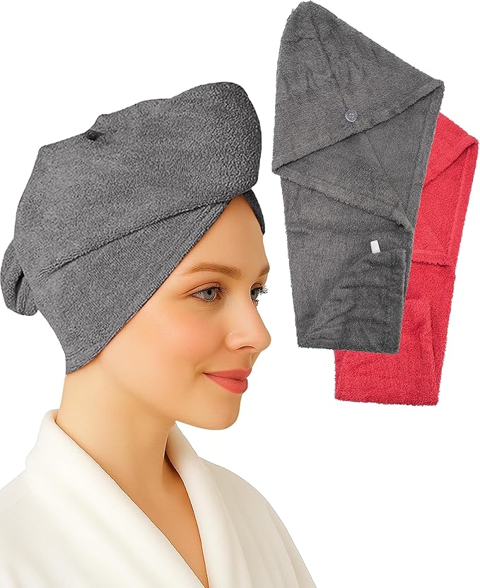 Textila 100% Cotton Hair Wrap Towels for Women (Pack of 2, Raspberry & Grey) – Soft & Absorbent Turban Towels for Long, Curly, Frizz-Prone Hair