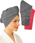 Textila 100% Cotton Hair Wrap Towels for Women (Pack of 2, Raspberry & Grey) – Soft & Absorbent Turban Towels for Long, Curly, Frizz-Prone Hair