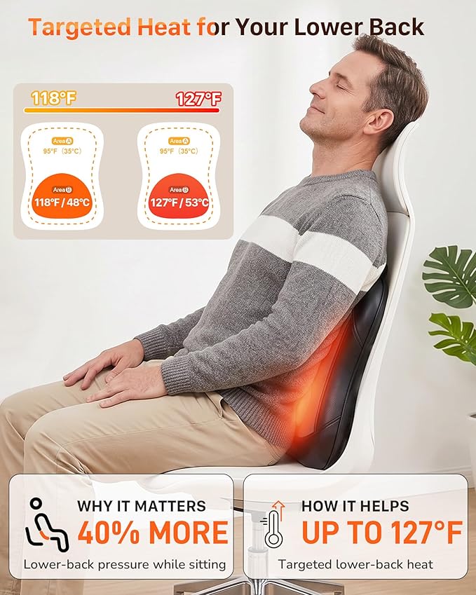 Back Massager for Pain Relief Deep Tissue : Rolling Up and Down, Not Just 4 Fixed Spots, Lower Back Massager with Heat, Shiatsu Kneading Massage for Office Home Car Use