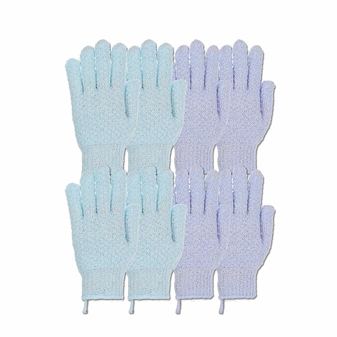 4 Pairs Exfoliating Gloves, 100% Nylon, Dual Texture Body Scrub for Spa, Massage & Dead Skin Removal, Multi-Color Shower Bath Accessories (Light Blue/Periwinkle)