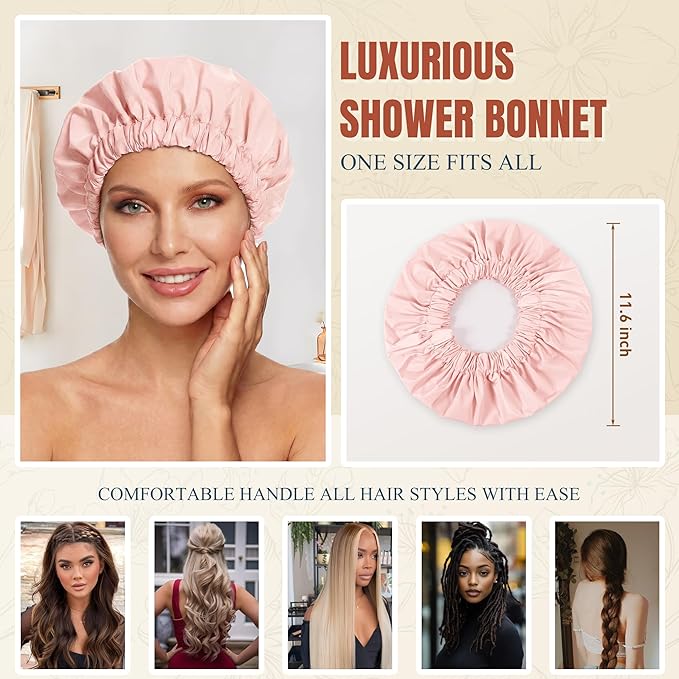 Reusable Shower Cap for Women, Large Waterproof Shower Bonnet with Elastic Band, Washable Bath Hair Cap for Long, Curly Hair, Braids, Daily Shower, Home Spa, Travel(Pink)