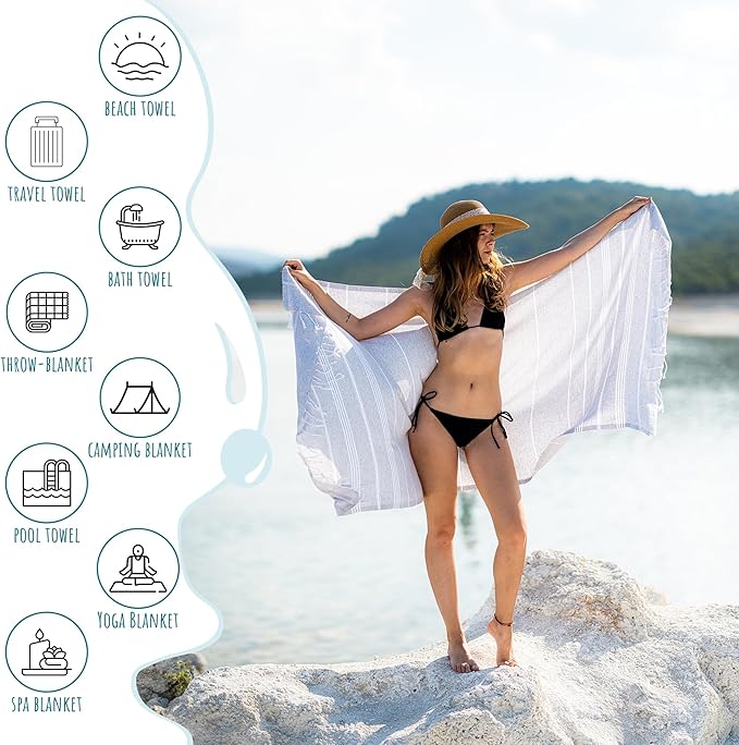Ray Silver Turkish Beach Towel – 100% Cotton 40x71 Quick Dry Oversized Sand Free Lightweight Blanket for Travel Camping Bath Sauna Pool Gym Yoga (1pc - S-Gray)