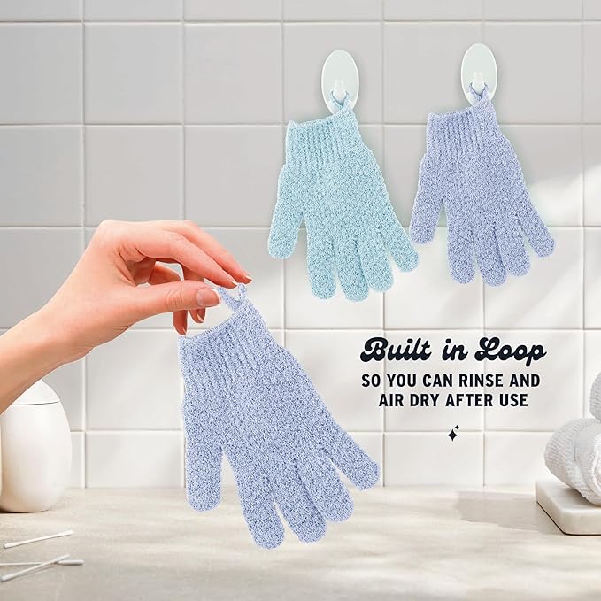 4 Pairs Exfoliating Gloves, 100% Nylon, Dual Texture Body Scrub for Spa, Massage & Dead Skin Removal, Multi-Color Shower Bath Accessories (Light Blue/Periwinkle)
