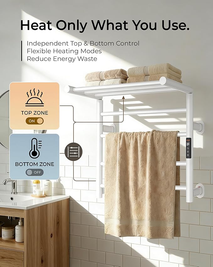 Foldable Heated Towel Rack, Dual-Zone Electric Towel Warmer Rack with Timer, GFCI Plug-in or Hardwired, Wall-Mounted, Drill-Free Installation, Matte White, CA3-700X550-Standard-MW