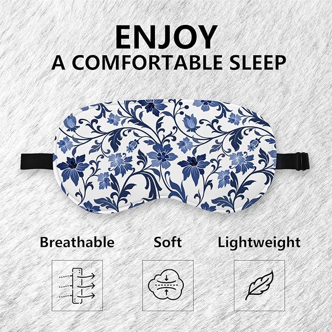 Blue and White Porcelain Silk Eye Mask for Sleeping, Adjustable Strap Night Sleep Mask for Women Girls, Airplane Travel Nap, Blue Flowers Sleeping Mask Eye Cover