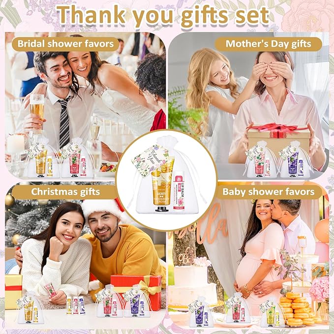 VISCOO 80 Sets Hand Cream and Lip Balm Bulk Set, Mothers Day Gifts, Teacher Appreciation Gifts, Nurses Week Gift, Wedding Favors for Guests with Thank You Card Organza Bags, Birthday Gift for Women