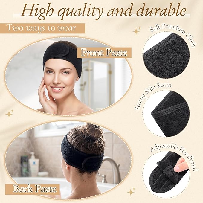 Tigeen 120 Pcs Spa Headband Facial Headbands Bulk Adjustable Hair Wraps for Women Girls Adult Skincare Makeup Shower Washing Face (Black)