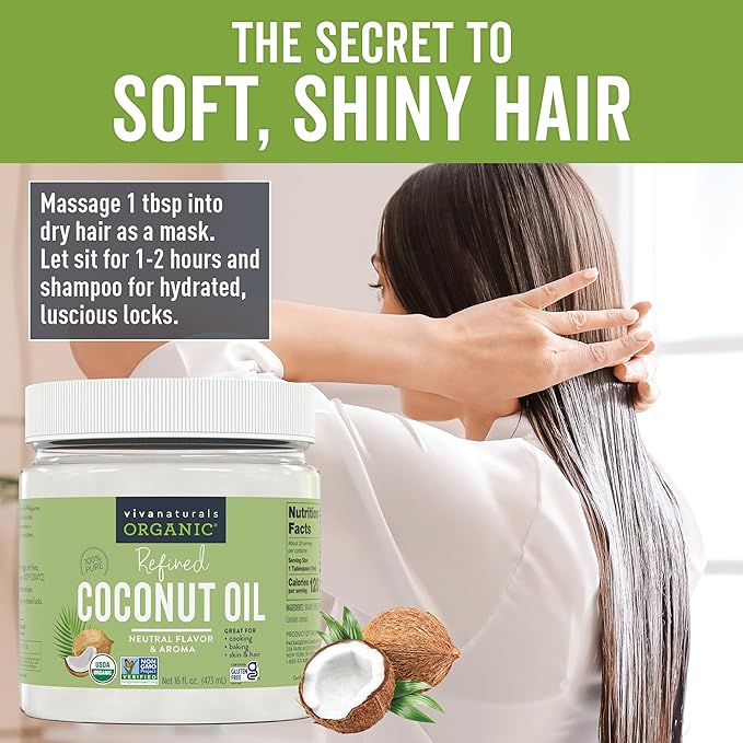 Viva Naturals Refined Coconut Oil, 16 fl oz – Expeller-Pressed, USDA Organic, Neutral Flavor & Aroma, Ideal for Cooking, Baking, Hair & Skin Moisturizer