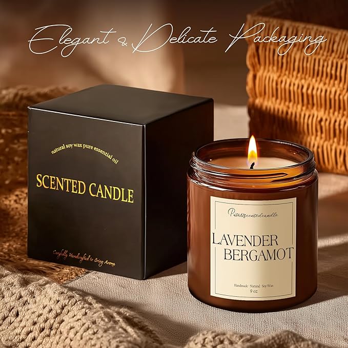 Lavender & Bergamot Scented Candles for Home, Natural Soy Wax Aromatherapy Non Toxic Candle Gifts for Women Men, Home Fragrance Decoration Glass Jar Candle for Meditation and Relaxation (9oz