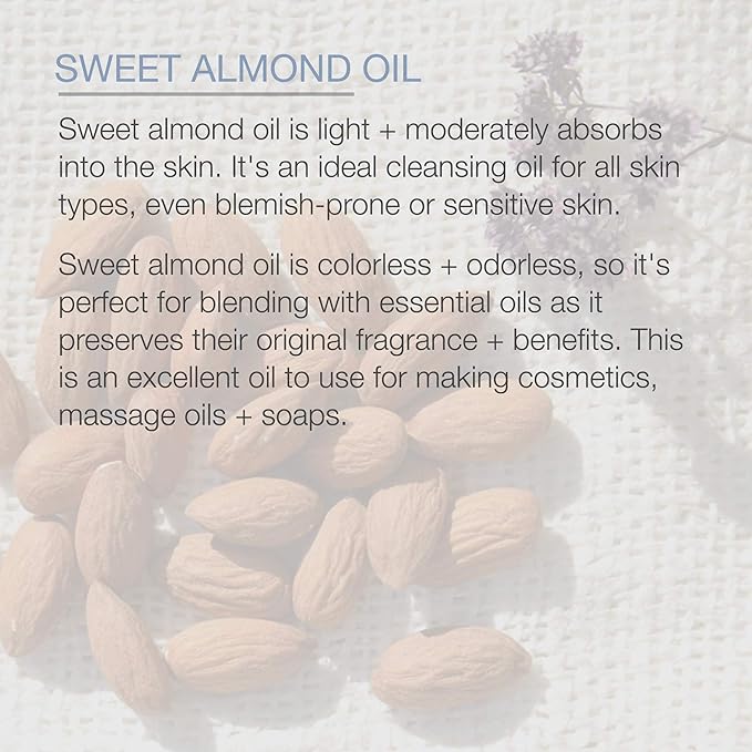 Pure Body Naturals Sweet Almond Oil for Skin and Hair, Cold Pressed Almond Oil, Almond Body Oil, Sweet Almond Carrier Oil, Fast Absorbing Moisturizer, 16 fl oz