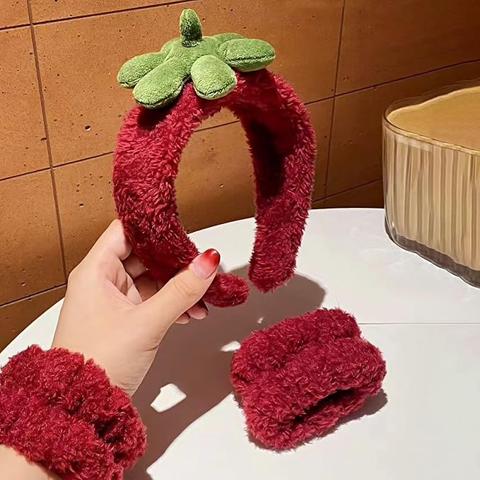 Ivyu Spa Skincare Headbands& Wristband Set，Cute Strawberry Makeup Headband For Women Girls,Non Slip Sponge Headband，Skincare-Padded Soft Thick Terry Cloth Hair Band Accessory.